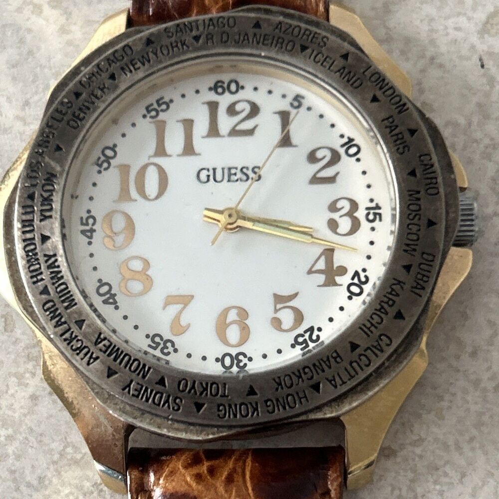 Vintage 1992 GUESS World Time Watch Gold Tone White Dial Leather Quartz Runs